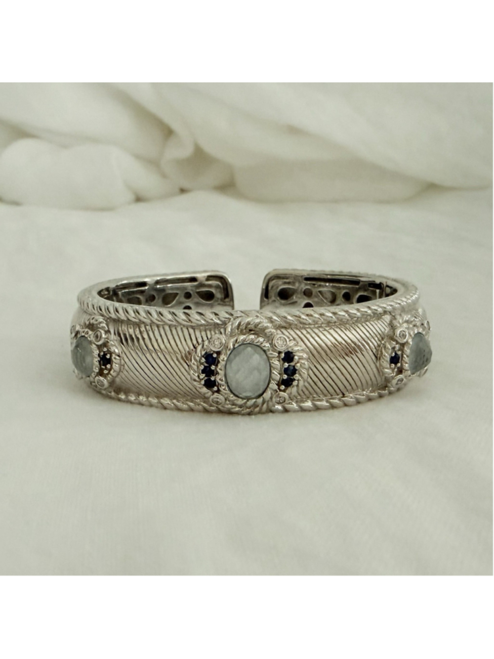 Judith Ripka 925 Sterling Silver Doublet Sapphire Gemstone Wide Cuff Bracelet